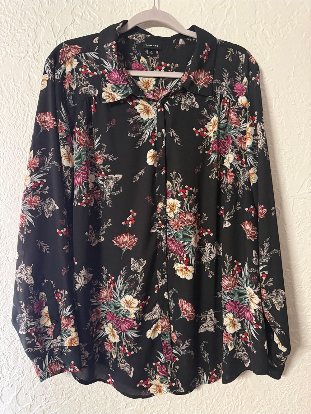 torrid Black Floral Button-Down Blouse with Pink & Yellow Accents